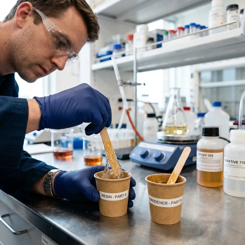 Professional organic chemist compounding custom liquid chemical resins in small cups