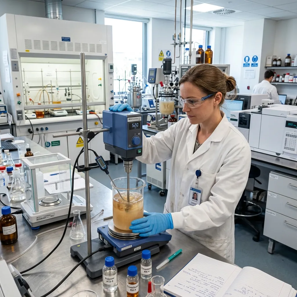 Professional organic chemist in white lab coat mixing advanced polymer liquids under an automated lab stirrer