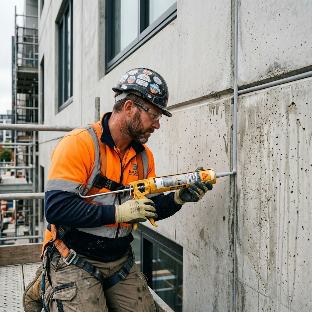 Construction worker precisely applying grey elastomeric joint sealant with a caulking gun to an expansion joint