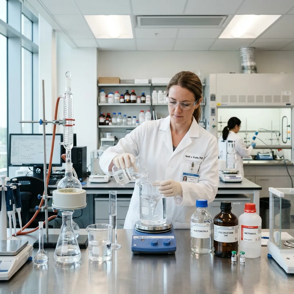 Professional organic chemist blending clear chemical solvent compounds in a modern research laboratory